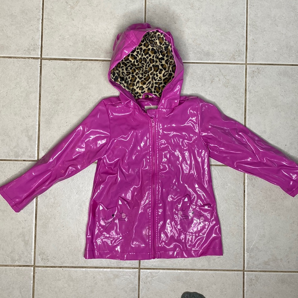 Hot pink raincoat with kitty ears on hood & kitty pockets & leopard - Picture 2 of 7